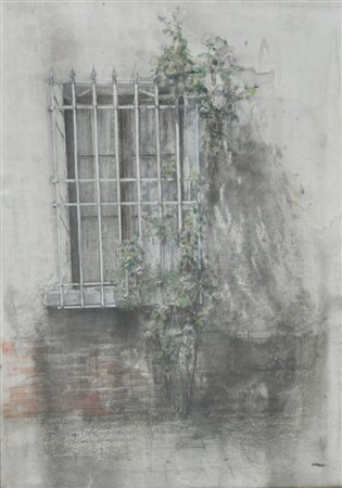 VIGNOZZI PIERO Finestra, anni ‘80 olio su carta intelata cm. 99x69 firma in...