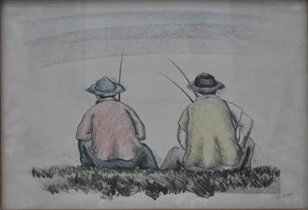 MASI ROBERTO Pescatori, 1978 pastelli su carta cm. 35x50 firma in basso a destra
