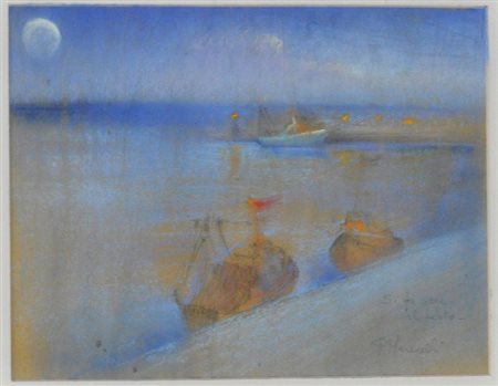 MERENDI PATRIZIA Si fa sera al porto, s.d. pastelli su carta cm. 25x35 firma...