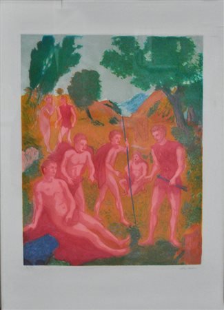 SASSU ALIGI Uomini rossi, s.d. acquaforte a colori cm. 100x75 es. 77/150...