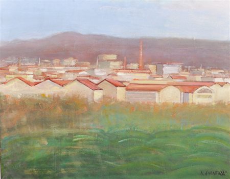 ANDREOZZI MARCELLO Piazza Carlo Marx, s.d. olio su tela cm. 70x90 firma in...