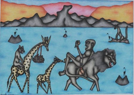 KIVUTHI MBUNO Senza titolo, s.d. pastelli su cartoncino cm. 51x76 firma in...