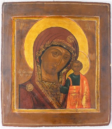 Icona raffigurante Madonna con Bambino, su sfondo oro. Russia, inizio del XIX...