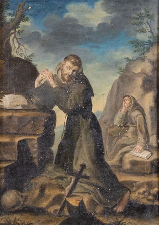 Maestro del XVIII secolo. "San Francesco in estasi". Olio su tela. Cm 72x52.
