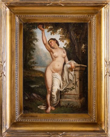 Pittore anonimo del XIX secolo. "Nudo femminile". Olio su tela. Cm 31x22.