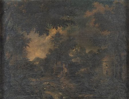 Maestro del XVII secolo. "Paesaggio". Olio su tela. Cm 50x65.