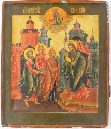 Icona raffigurante scena con Gesù Bambino e santi. Russia, metà del XIX...