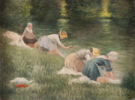 MAURICE VERGEAUD (nato ad Angoulême, Francia, attivo tra XIX e XX secolo). "Lavandaie al fiume". Olio su tela. Cm 40x54.5. 