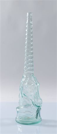 DECANTER a forma di unicorno in vetro. Borghini, Chianti. Cm 69x17x22.