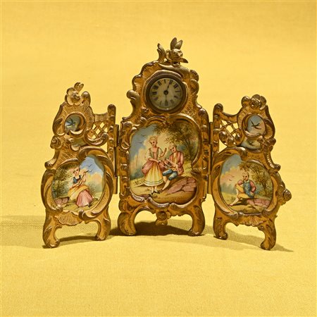 Orologio a paravento in smalto e bronzo dorato, Vienna XIX secolo