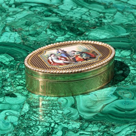 Tabacchiera in oro, smalti e microperle, Svizzera inizi del XIX secolo