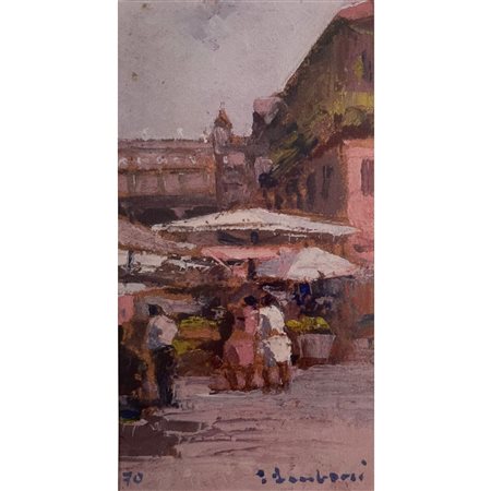 AMBROSI ELMO - PIAZZA ERBE VERONA 19X10 OLIO SU TELA (1970)