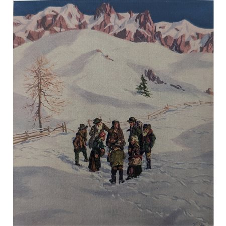 CAMILLO RASMO - INCONTRO CON LA NEVE 26X24 TEMPERA SU CARTA