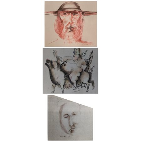 WINKLER OTHMAR - NR. 3 OPERE - VOLTO MASCHILE CON CAPPELLO 30X35 PASTELLO SU...