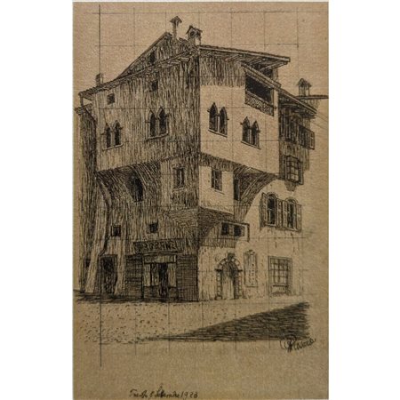 CAMILLO RASMO - PIAZZA MACELLO VECCHIO - TRENTO 21.5X14 CHINA SU CARTA (1923)