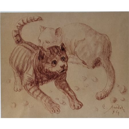 SARTORI CARLO - GATTI 38X48 PASTELLO SU CARTA (1974)