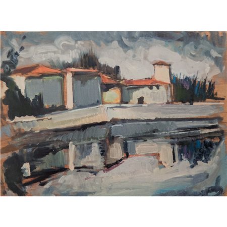 GROFF GIUSEPPE - PAESE IN RIVA AL FIUME 31X41 OLIO SU TAVOLA