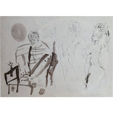 SCHWEIZER RICCARDO - NUDI FEMMINILI CON ANZIANO 50X70 CHINA E ACQUERELLO SU...