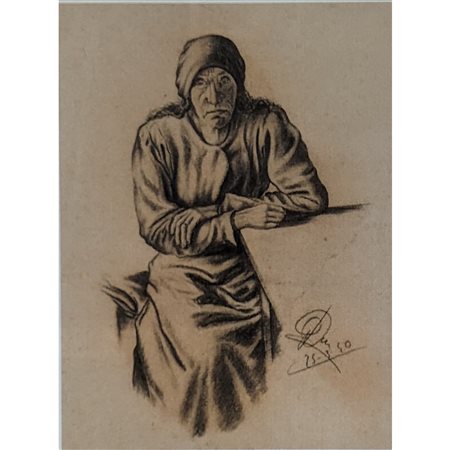 ANONIMO - ANZIANA SIGNORA 32X25 CARBONCINO SU CARTA (1940). FIRMA ILLEGGIBILE...