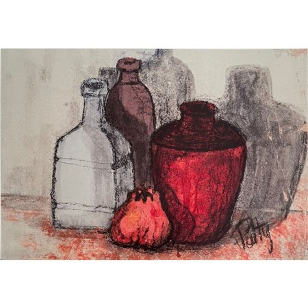 BRAGAGNA PATRIZIA - NATURA MORTA CON BOTTIGLIE E MELOGRANO 47.5X70 ACRILICO...