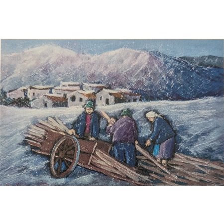 FACCHINELLI GIUSEPPE - IL TRASPORTO DELLA LEGNA 24X32 (FOGLIO) OLIO SU CARTA