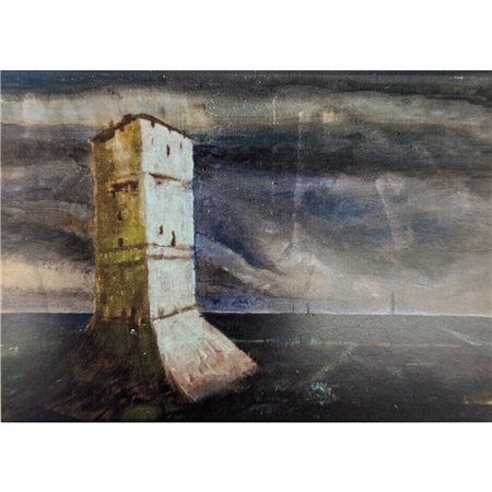 CARACRISTI EDGAR -OURANOPOLIS -BASTIONE BIZANTINO IN RIVA AL MARE 34X29 OLIO...
