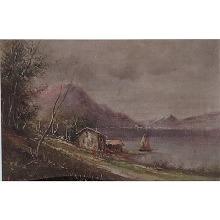 MANCINI - PAESAGGIO LACUSTRE 34X50 OLIO SU CARTONE