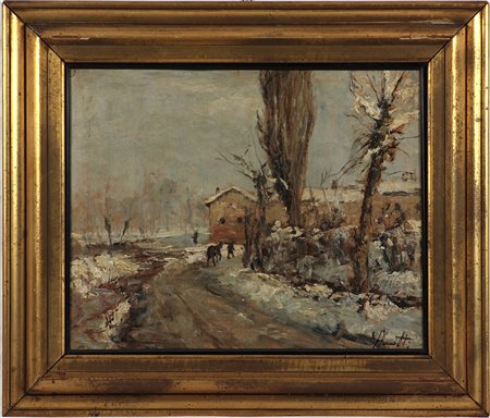 Carlo Aimetti (1901-1987) Paesaggio Invernale Olio su tavola cm 40x50 Firma...