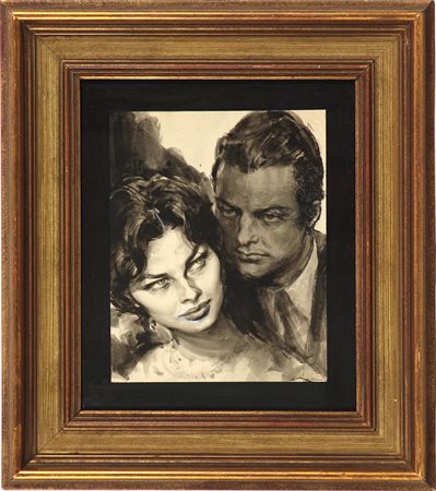 Walter Molino (1915-1997) Sophia Loren e Marcello Mastroianni Tecnica mista...