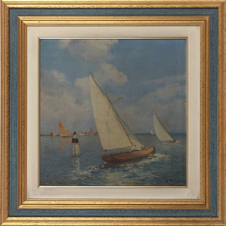 Alessandro Milesi (1856-1945) Barche a vela in laguna Olio su cartone cm...