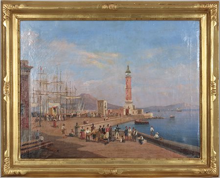 Achille Vianelli (1803-1894) Il porto di Napoli Olio su tela cm 50x64 Firma...