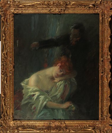 Orazio Gaigher (1870-1938) L'incanto del violino Olio su tavola cm 62x50...