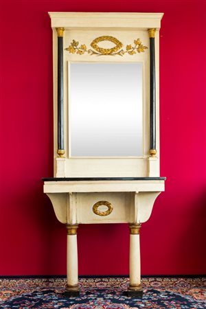 Console con specchiera in legno laccato bianco-oro