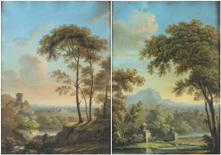 Andrea Locatelli (ambito di) (Roma 1695-Roma 1741) a) Paesaggio con castello...