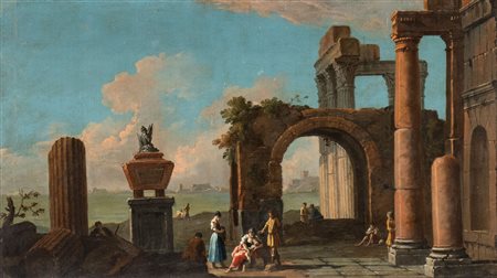 Artista veneto, XVIII secolo () Capriccio costiero con ruderi e figure