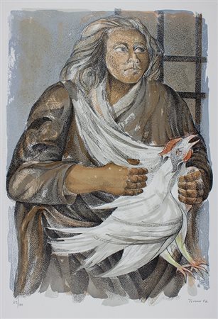 Terruso Saverio Donna con gallina, 1982 litografia su carta, cm 70x50, es....