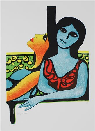 Borra Pompeo Le amiche sul divano, 1971 litografia a colori su carta, cm....