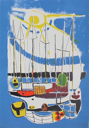 Paulucci Enrico Vele in porto, 1971 litografia a colori su carta, cm. 70x50,...