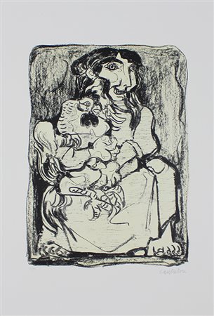 Cantatore Domenico Donna col gallo, 1971 litografia a 2 colori su carta, cm....