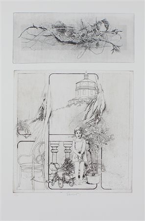 Saroni Sergio Bambina sul terrazzo, 1976 acquaforte a 2 colori su 2 lastre su...