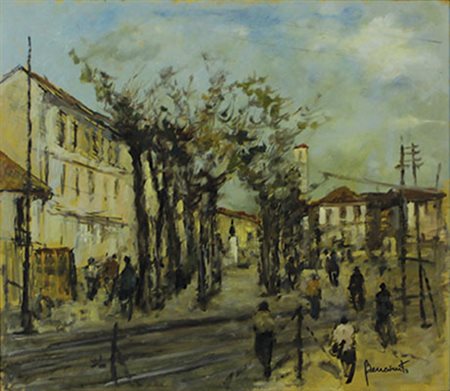 Benevento Luigi Vecchio passaggio a livello FNM, 1983 olio su masonite, cm...