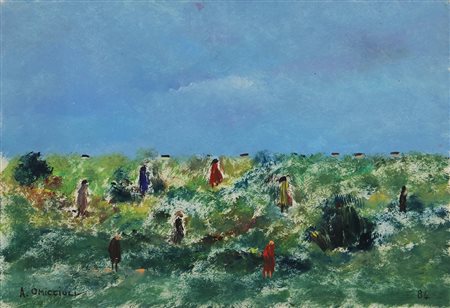 Omiccioli Alfonso Figure nel prato, 1984, olio su cartone, cm 25,5x36,5...