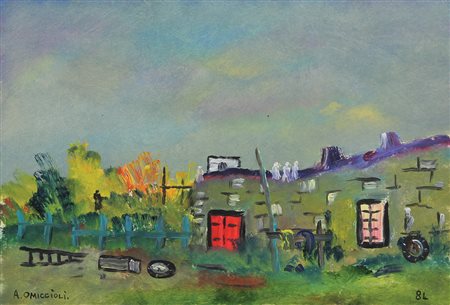 Omiccioli Alfonso Casolare dalla porta rossa, 1984 olio su cartone, cm...