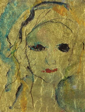 Treccani Ernesto Volto tecnica mista su foglia d'oro, cm. 8,2x6,2 firmata in...