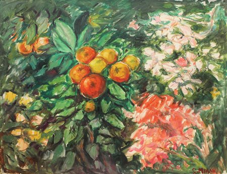 Miani Gaetano Nel frutteto olio su tela, cm 80x100 firmato in basso a destra,...