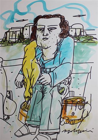 Tapparini Ugo L'uomo e l'uccello tecnica mista su carta, cm. 70x50 firmata in...