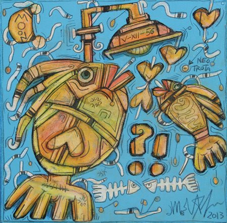 Delego Martino Pesci in amore…., 2013 tecnica mista su tela, cm. 30x30...