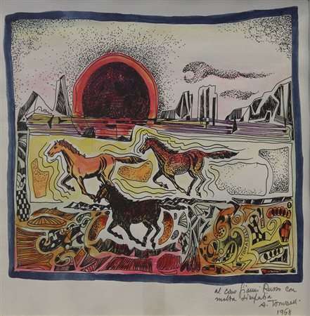 Tomaselli Almerico Tre cavalli, 1968 china colorata su carta, cm. 32x37...