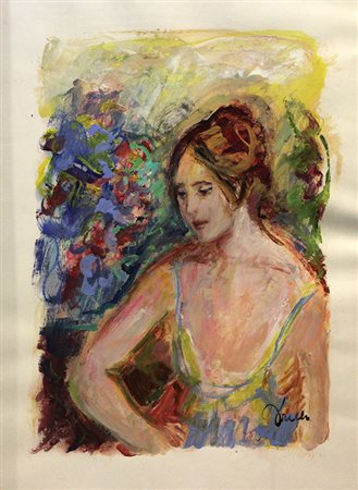 Dorella Aldo Donna e fiori tecnica mista su carta, cm. 70x50 firmato in basso...
