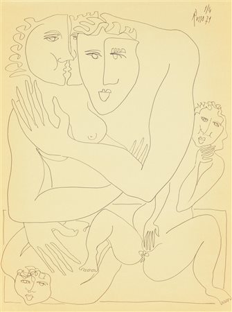 Russo BACIO CON FIGURE pennarello su carta, cm 40x30 firma e data eseguito...